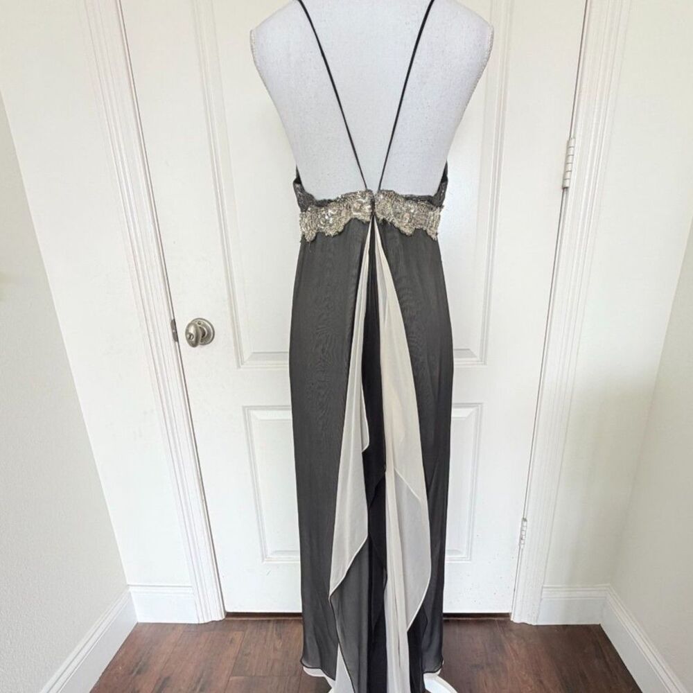 Vtg 90s Del Rosario Silk Halter Maxi Dress Black Silver Beaded Gown 8 - Picture 4 of 12